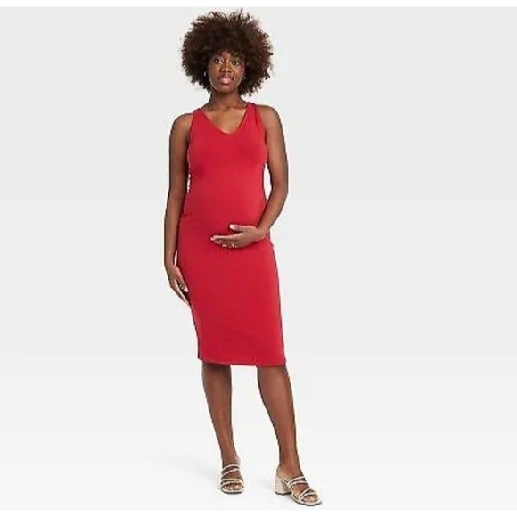 Isabel Maternity Bodycon V-Neck Maternity Dress Red - Picture 1 of 8